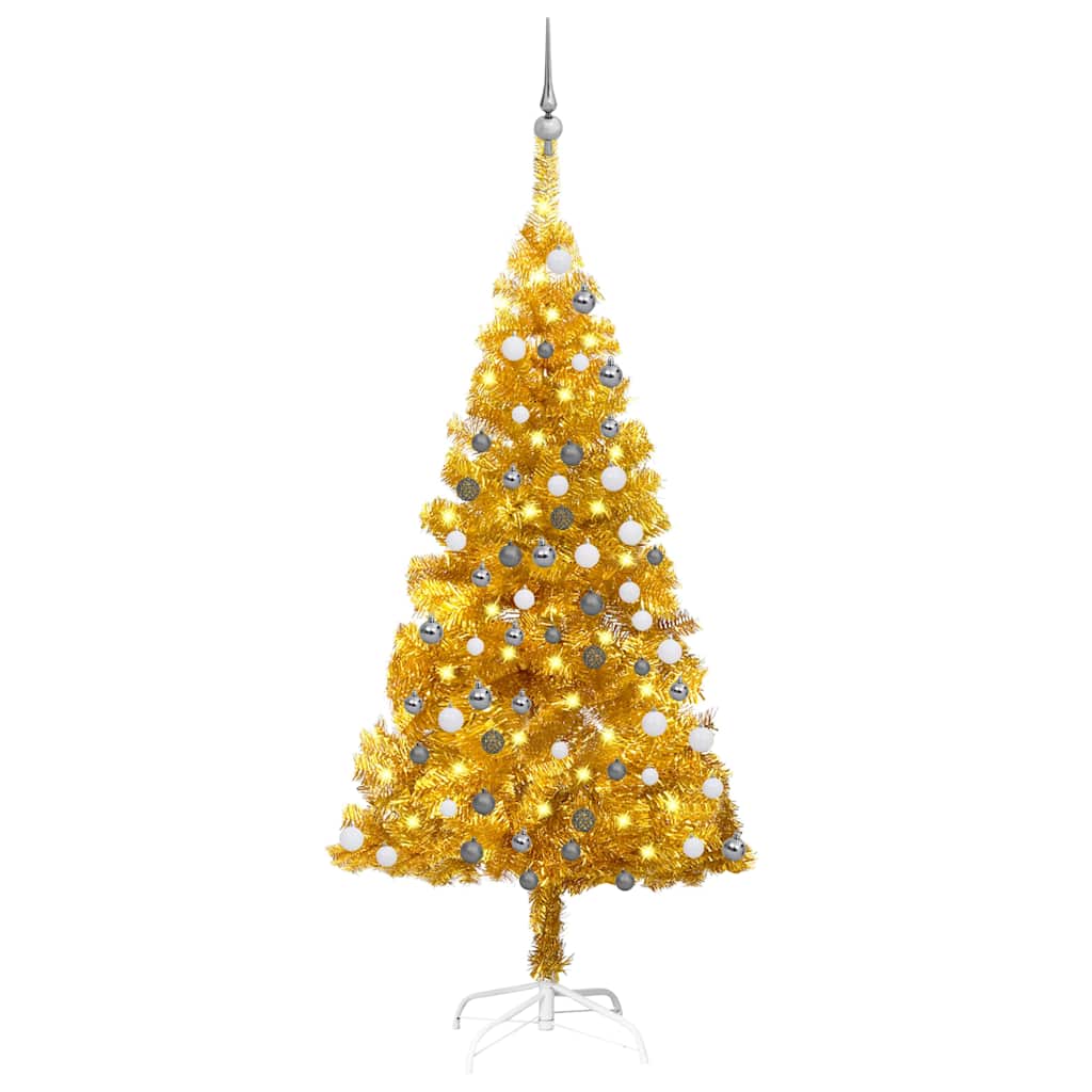 Christmas Tree PET 150 cm Gold with 150 LEDs&white/grey balls