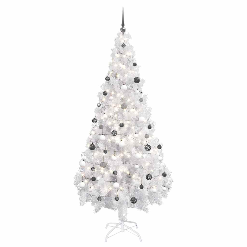 Artificial Pre-lit Christmas Tree with Ball Set PVC White 180 cm With 61white/grey balls