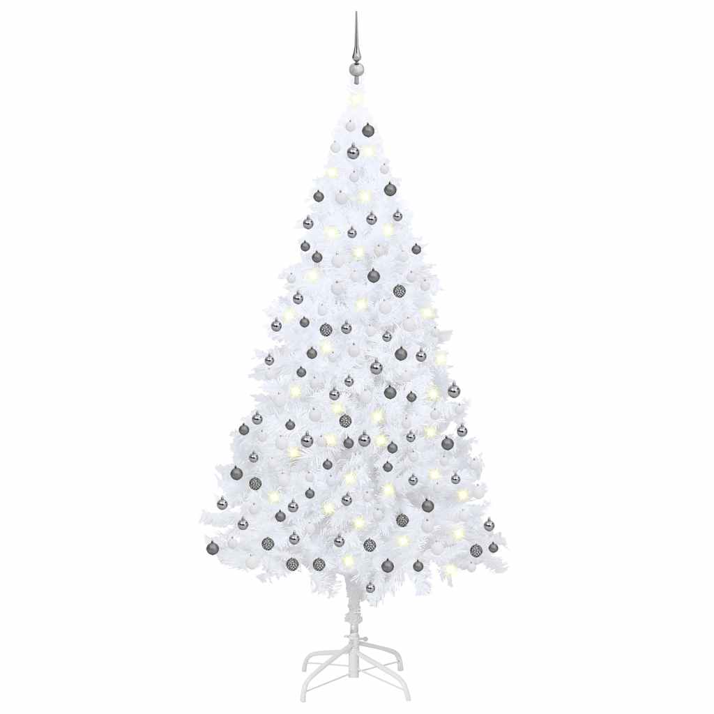 Artificial Pre-lit Christmas Tree with Ball Set PVC White 240 cm with 120 white/grey balls