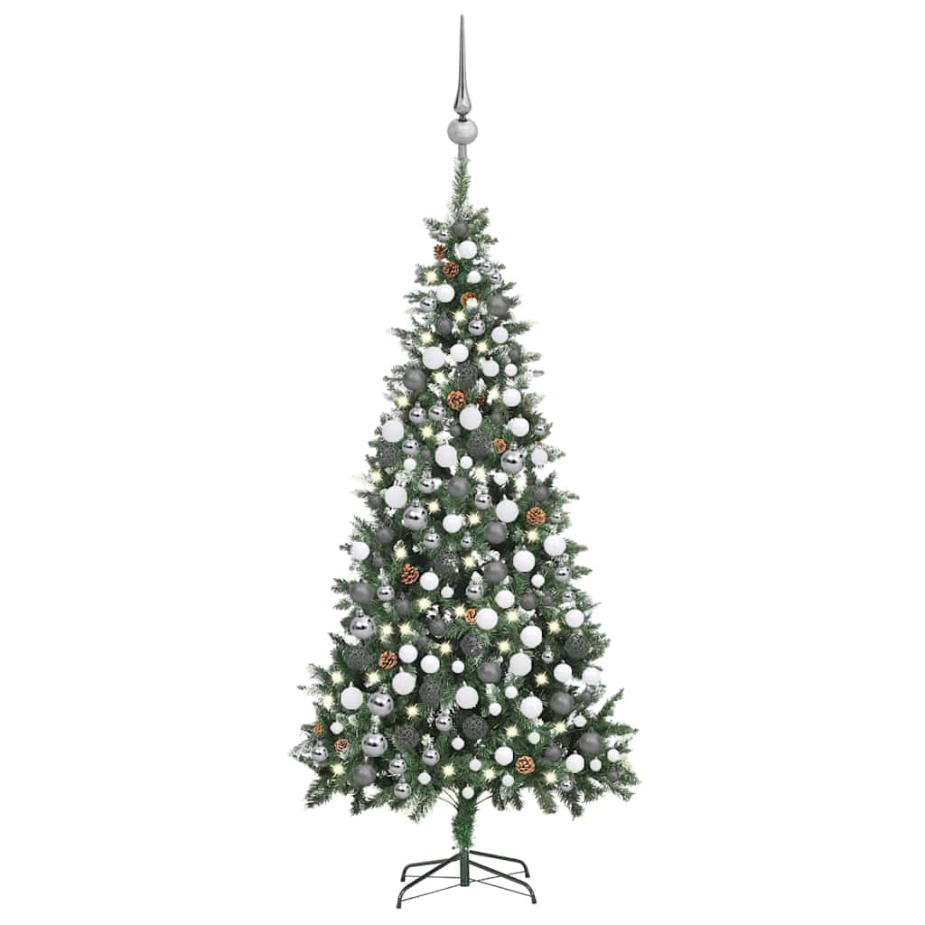 Artificial Pre-lit Christmas Tree Ball Set Pine Cones 210 cm White and grey 210 cm 119 cm