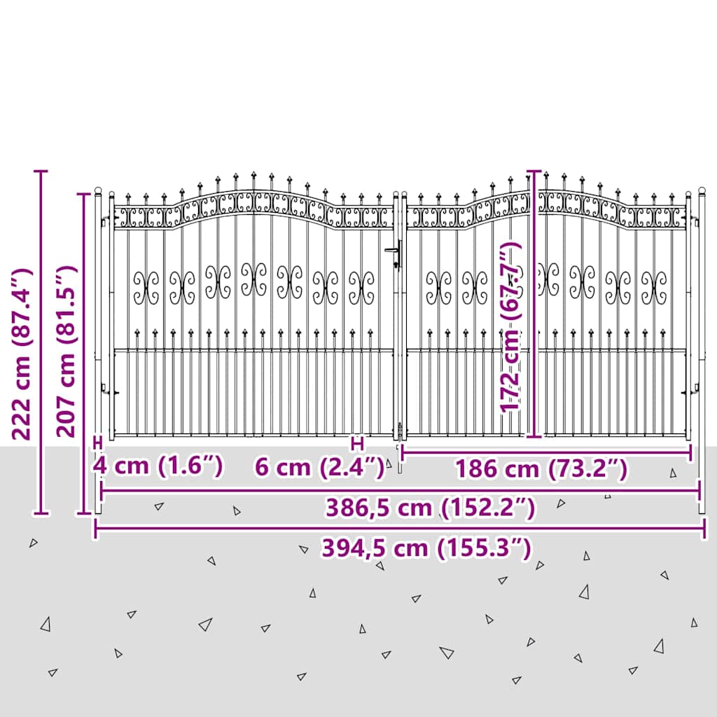 vidaXL Fence Gate "KAMPEN" with Spear Top Black 394,5x172 cm Steel 6