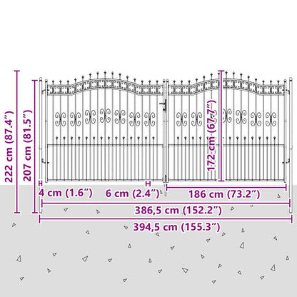vidaXL Fence Gate "KAMPEN" with Spear Top Black 394,5x172 cm Steel 6