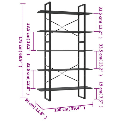 5-Tier Book Cabinet 100x30x175 cm Engineered Wood Grey