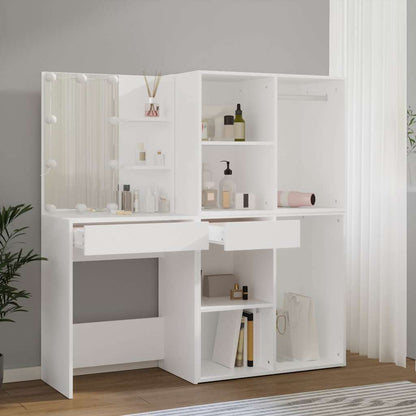 LED Dressing Table with Cabinets Engineered Wood White