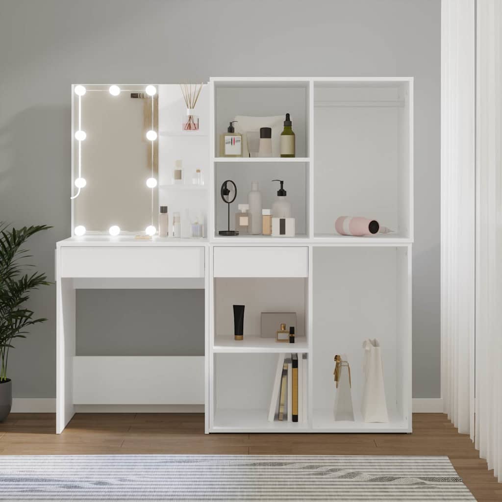 LED Dressing Table with Cabinets Engineered Wood White