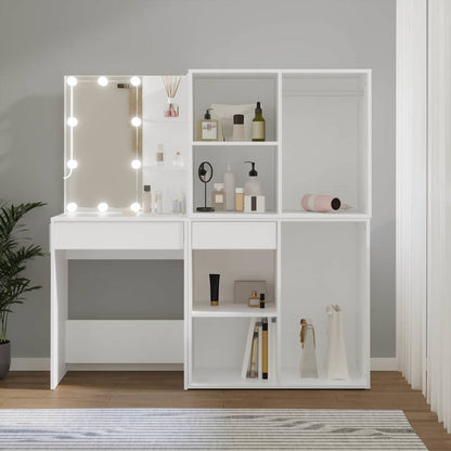 LED Dressing Table with Cabinets Engineered Wood White