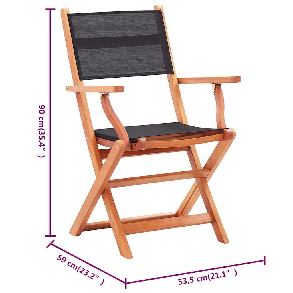 vidaXL Folding Chairs 8 pcs Black Solid Eucalyptus Wood&Textilene 6