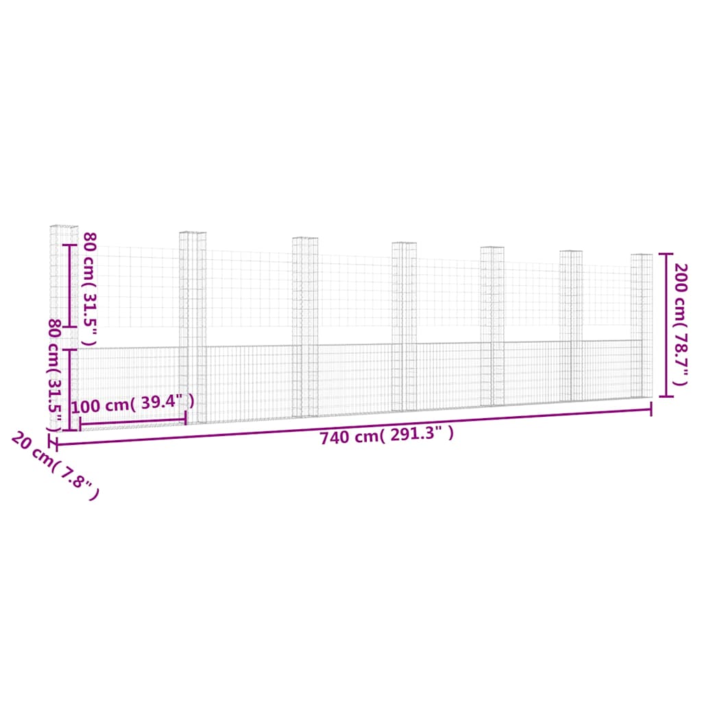 vidaXL U-shape Gabion Basket with 7 Posts Iron 740x20x200 cm 6