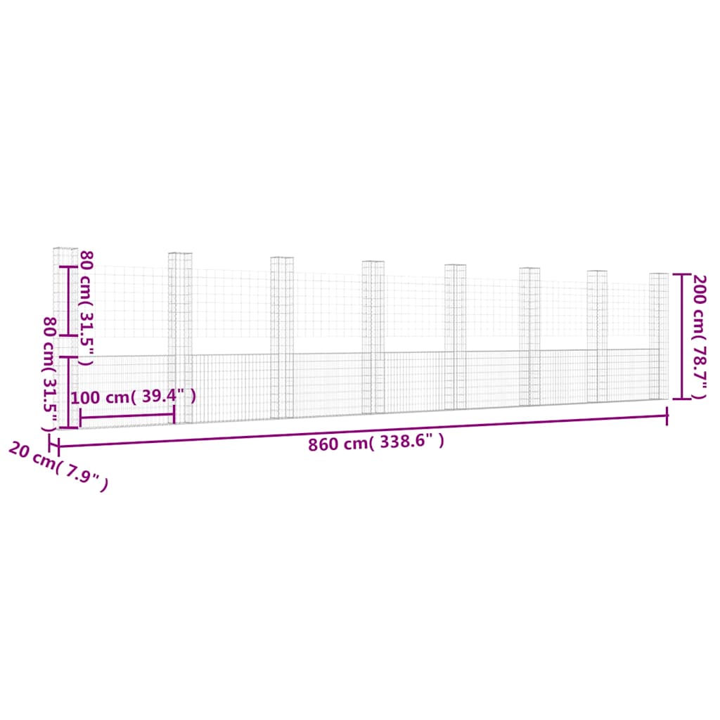 vidaXL U-shape Gabion Basket with 8 Posts Iron 860x20x200 cm 6