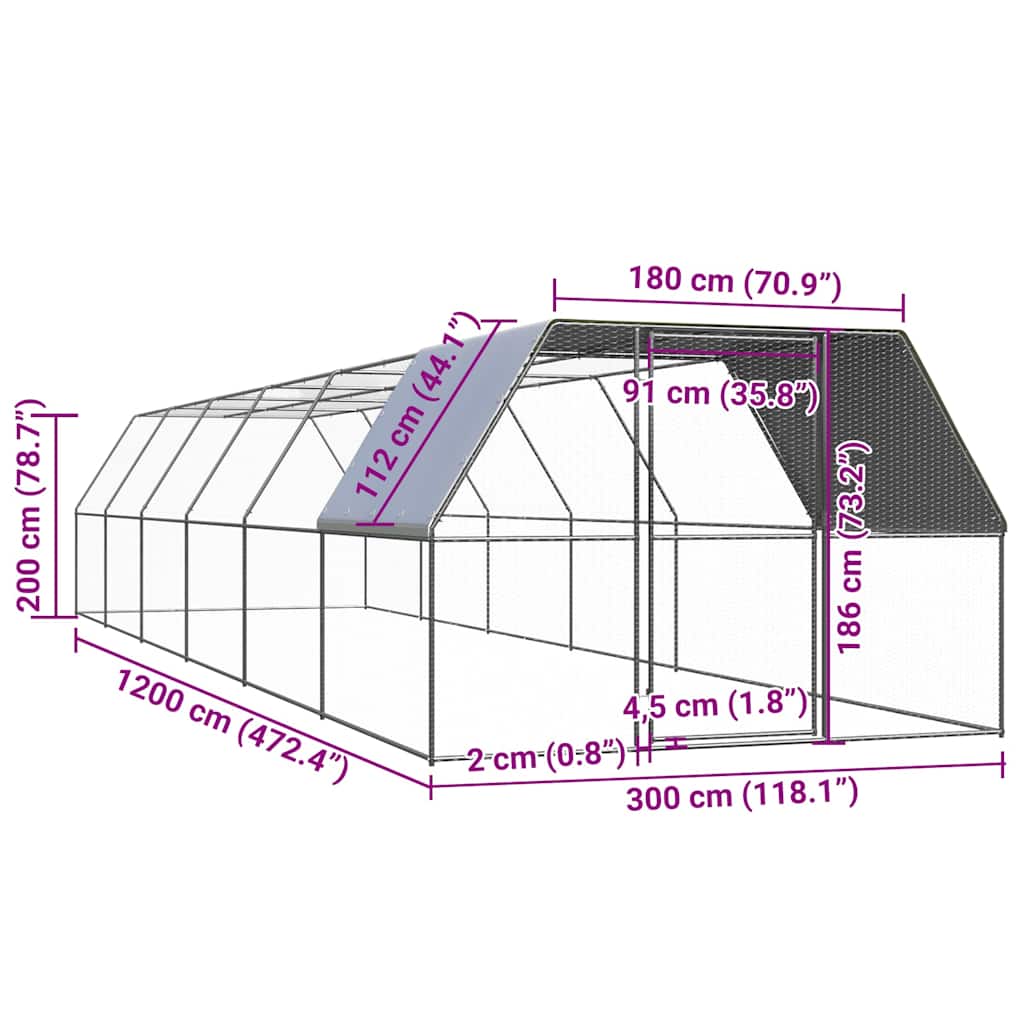 vidaXL Outdoor Chicken Cage 3x12x2 m Galvanised Steel 5