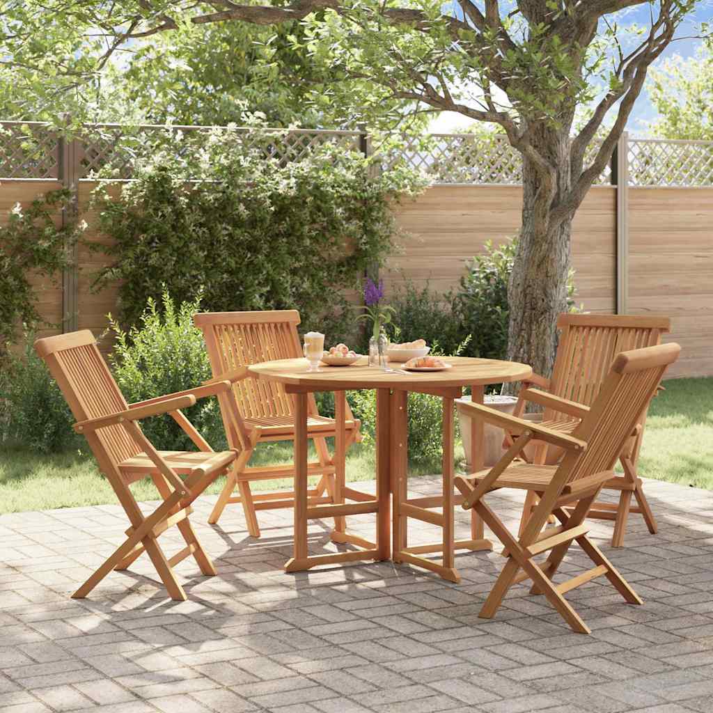 5 Piece Folding Outdoor Dining Set Solid Wood Teak Round