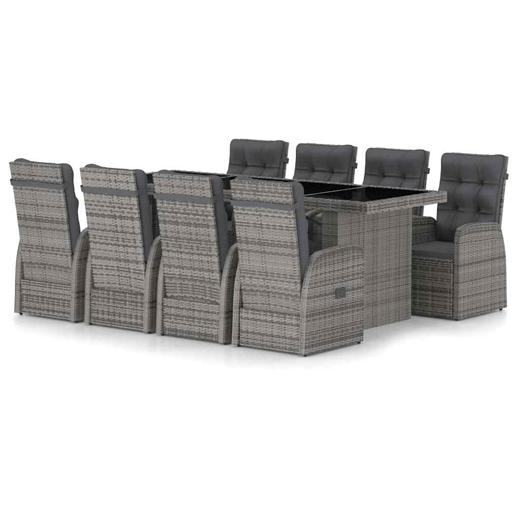 vidaXL 9 Piece Garden Dining Set with Cushions Grey Poly Rattan 2