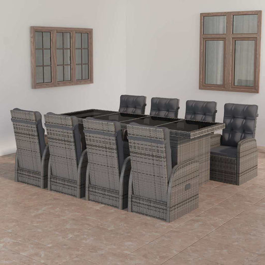 vidaXL 9 Piece Garden Dining Set with Cushions Grey Poly Rattan 1