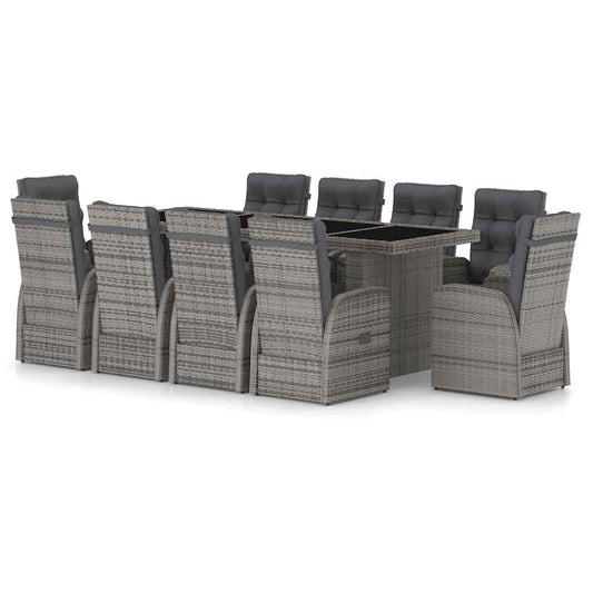 vidaXL 11 Piece Garden Dining Set with Cushions Grey Poly Rattan 2