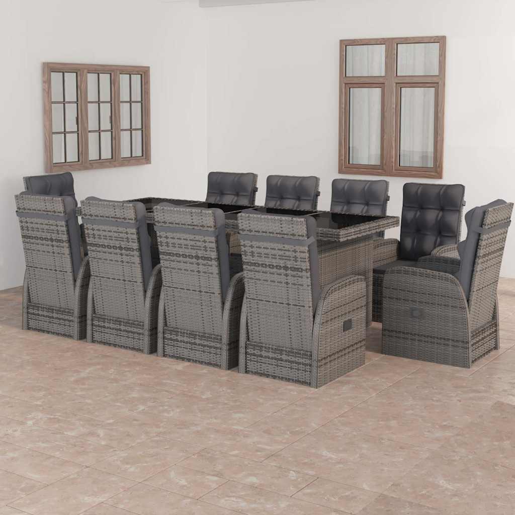 vidaXL 11 Piece Garden Dining Set with Cushions Grey Poly Rattan 1