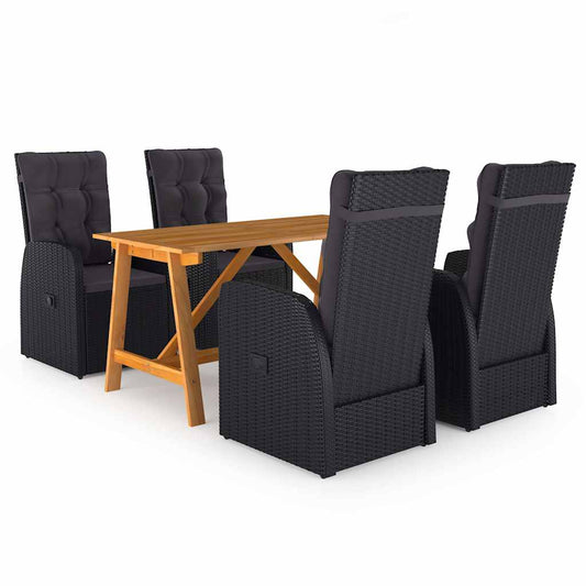 5 Piece Garden Dining Set with Cushions Poly Rattan Black 2x chair + 2x armchair + table