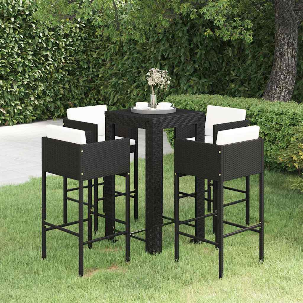 5 Piece Garden Bar Set with Cushions Poly Rattan Black 60.5 x 60.5 x 110.5 cm