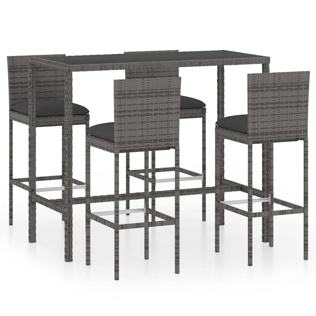 5 Piece Garden Bar Set with Cushions Poly Rattan Grey 130 cm 60 cm