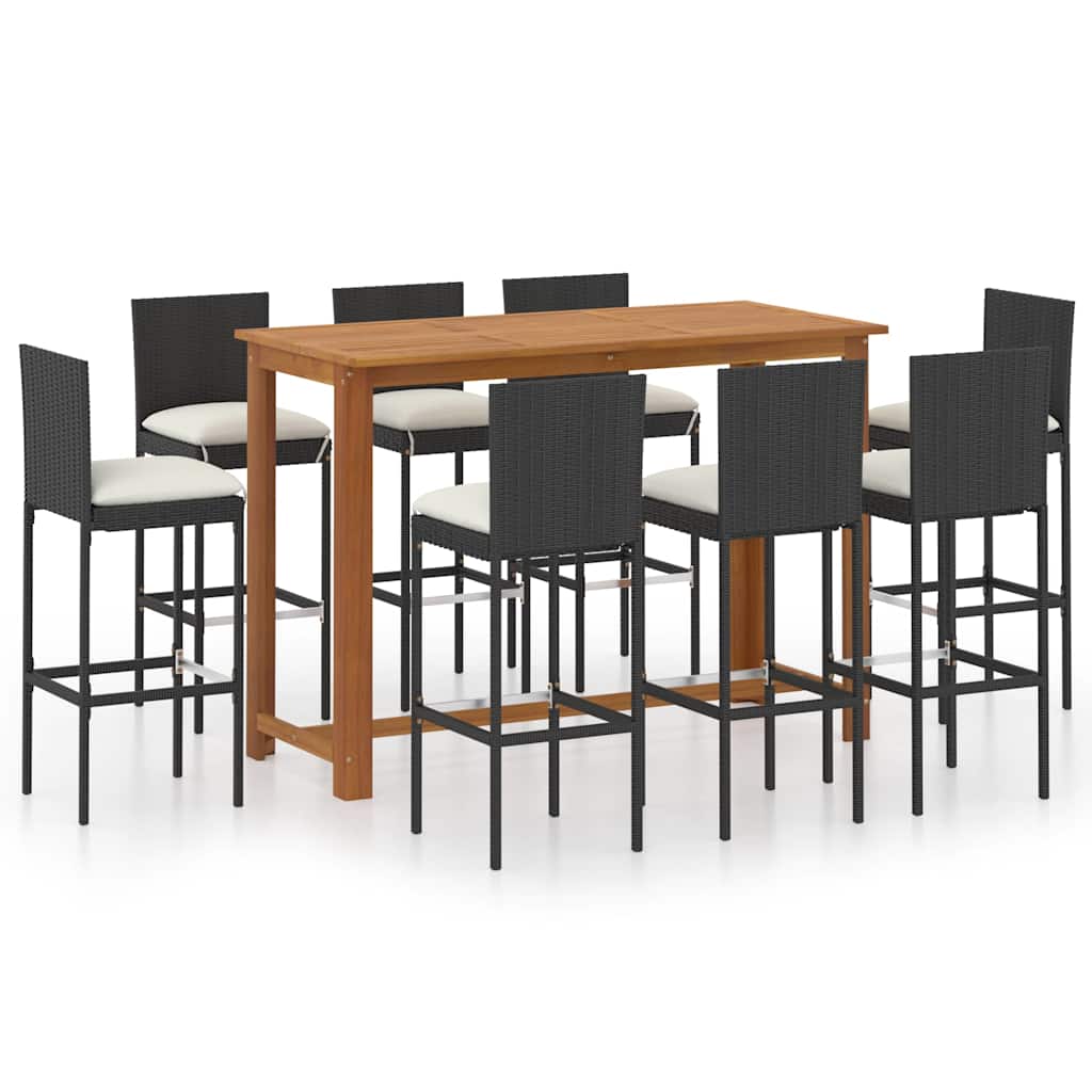 vidaXL 9 Piece Garden Bar Set with Cushions Poly Rattan Black 1