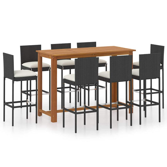 vidaXL 9 Piece Garden Bar Set with Cushions Poly Rattan Black 1
