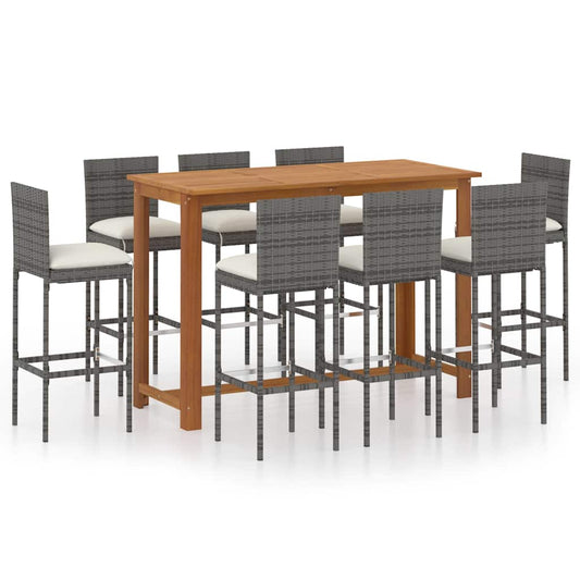 vidaXL 9 Piece Garden Bar Set with Cushions Poly Rattan Grey 1