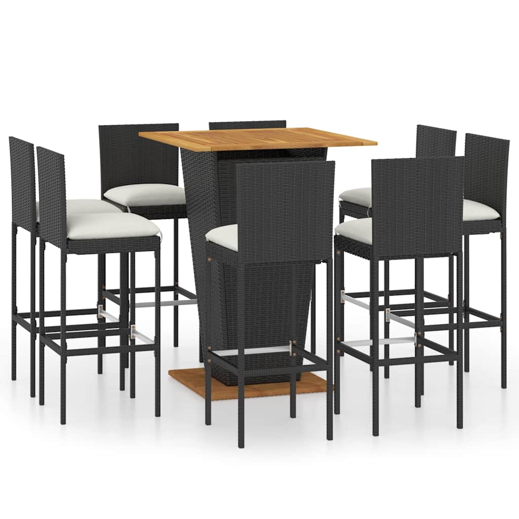 vidaXL 9 Piece Garden Bar Set with Cushions Poly Rattan Black 1