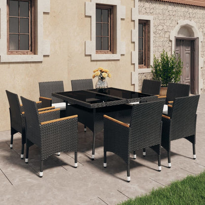 vidaXL 9 Piece Garden Dining Set Poly Rattan and Tempered Glass Black 1