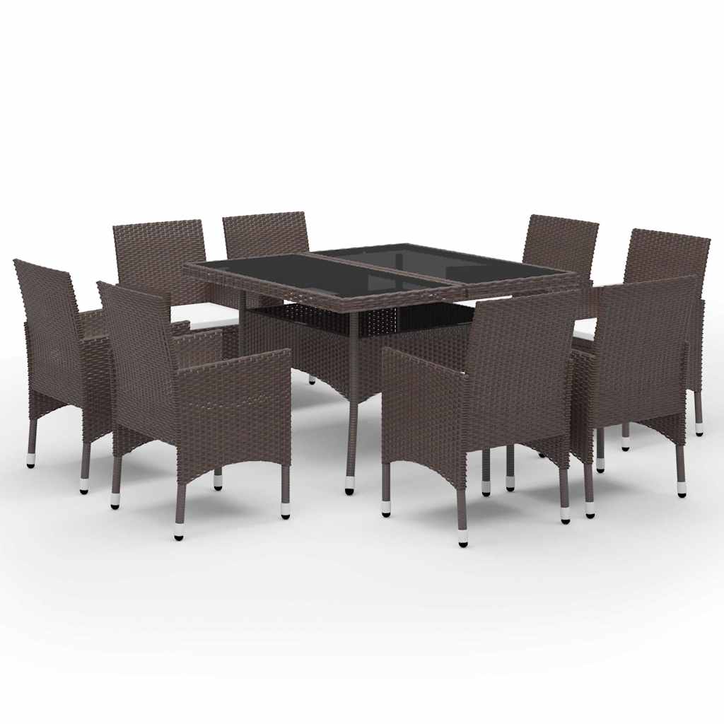vidaXL 9 Piece Garden Dining Set Poly Rattan and Tempered Glass Brown 2