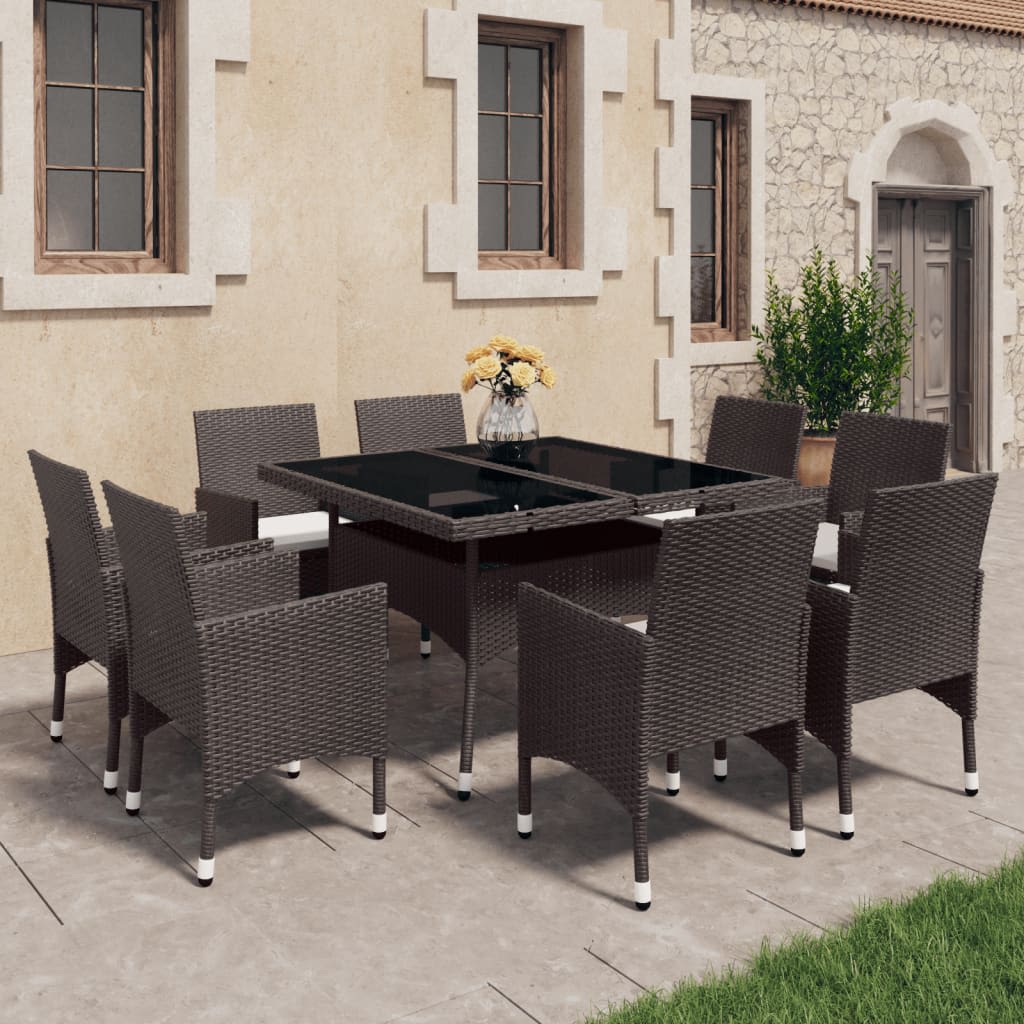vidaXL 9 Piece Garden Dining Set Poly Rattan and Tempered Glass Brown 1