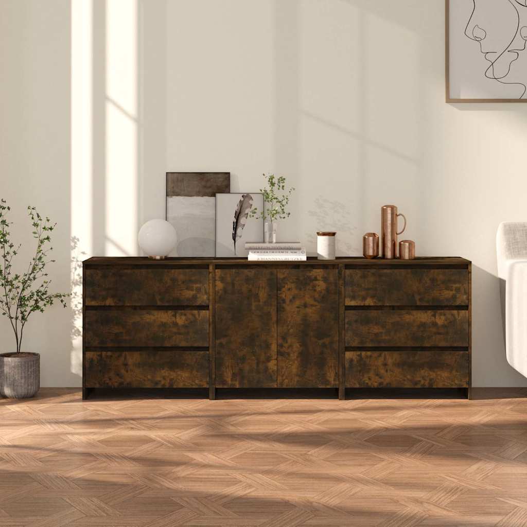 3 Piece Sideboard Engineered Wood Smoked oak