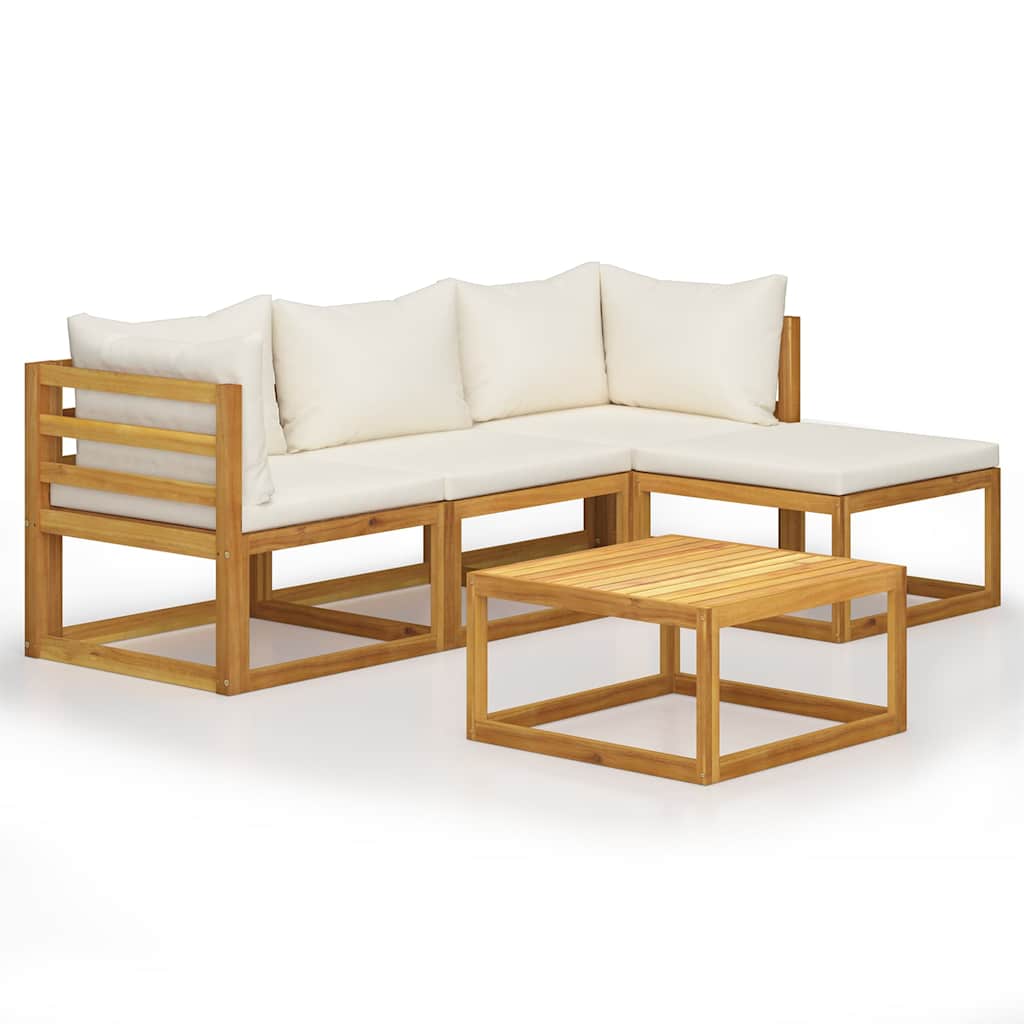 5 Piece Garden Lounge Set with Cushions Solid Wood Acacia 2x corner + middle + footrest + table Cream