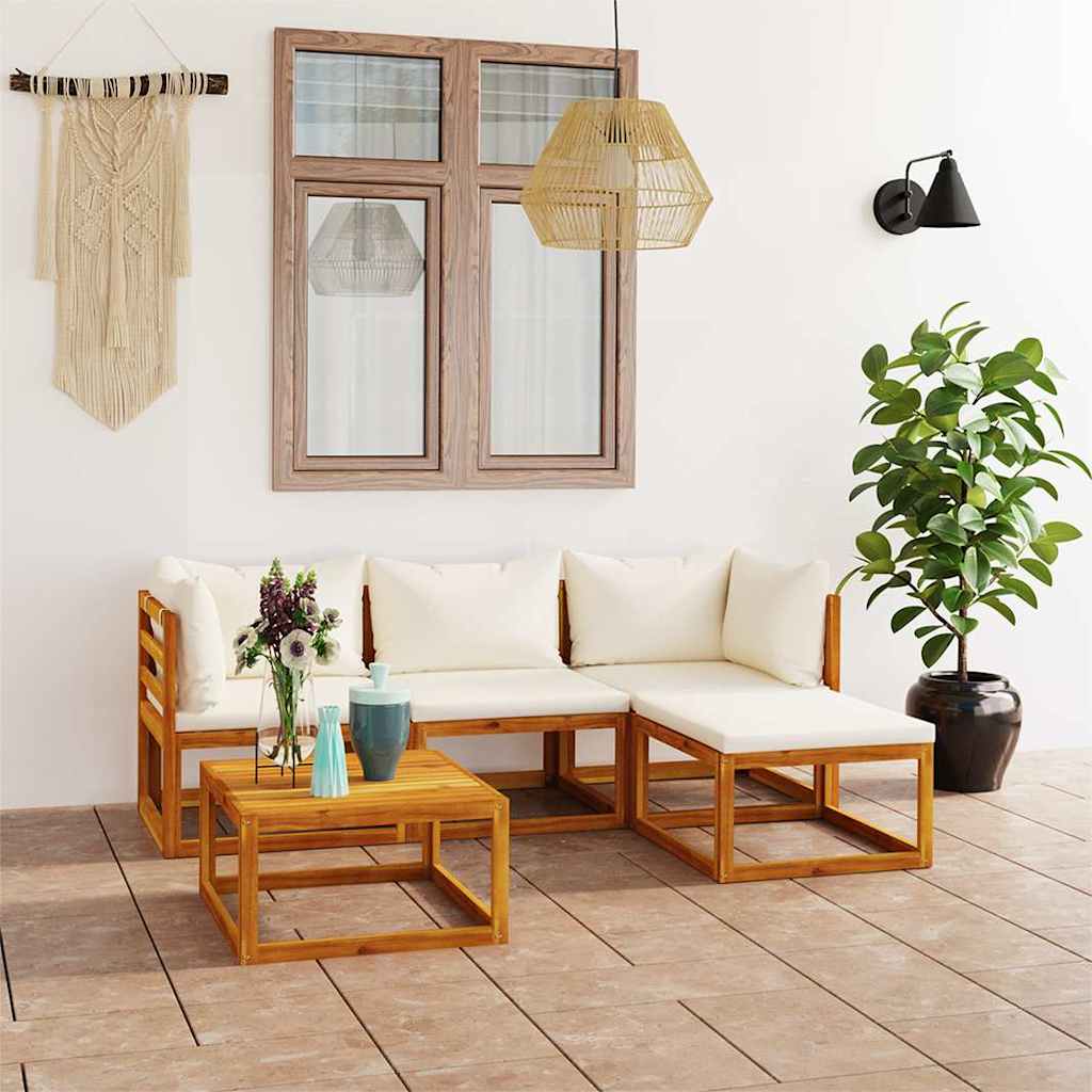 5 Piece Garden Lounge Set with Cushions Solid Wood Acacia 2x corner + middle + footrest + table Cream