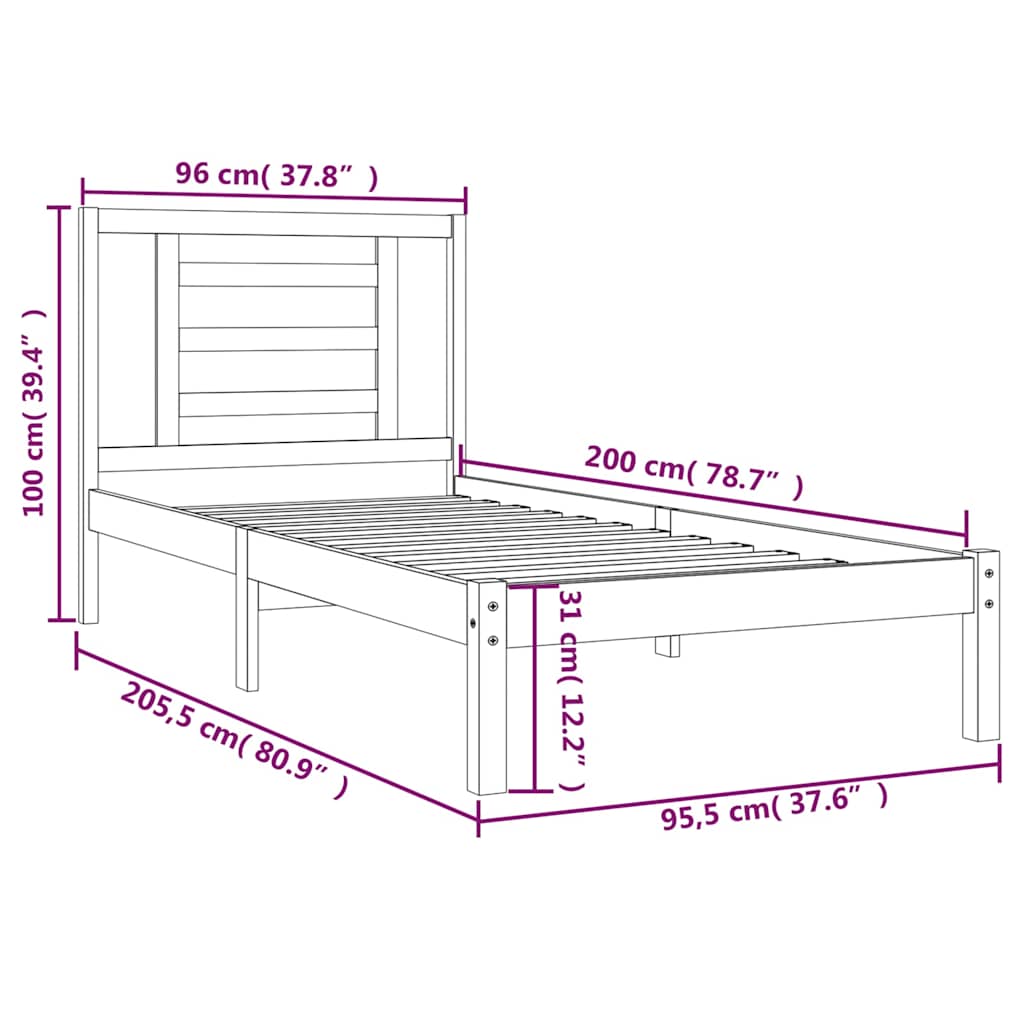 Bed Frame without Mattress Solid Wood Pine Length 200 cm White 90 cm