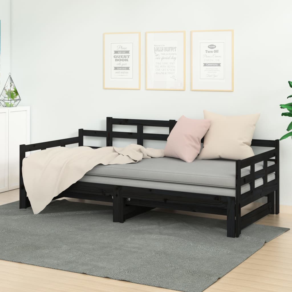 vidaXL Pull-out Day Bed Black Solid Wood Pine 2x(90x200) cm