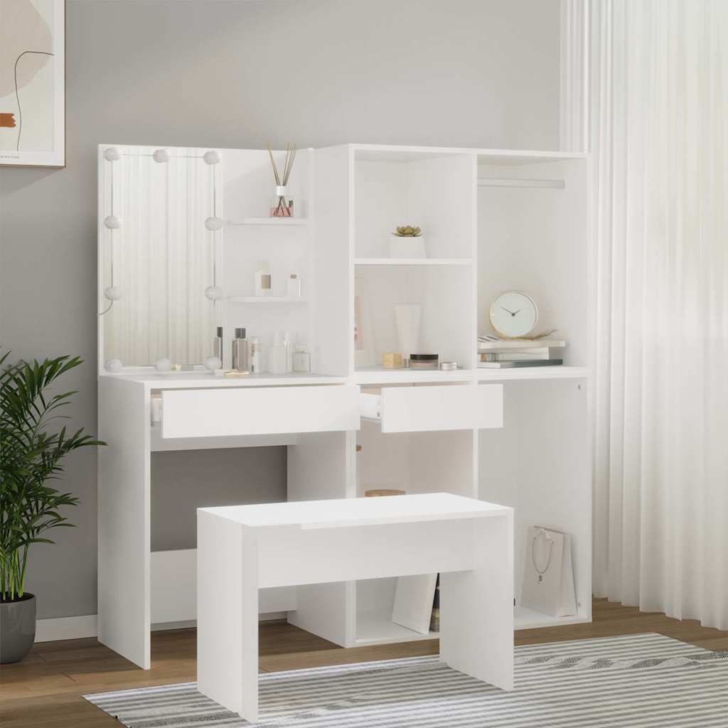 Dressing Table Set with LED Engineered Wood White