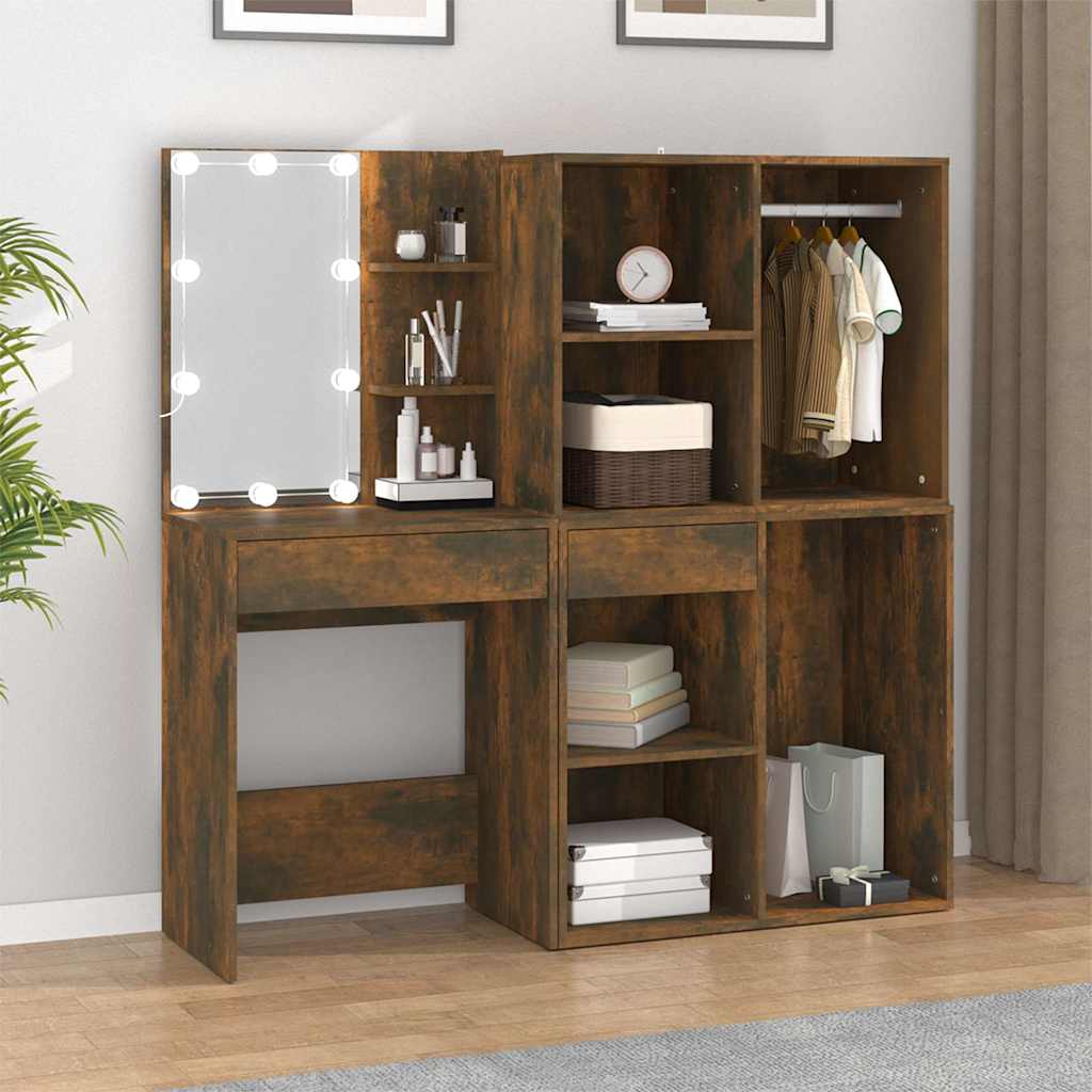 LED Dressing Table with Cabinets Engineered Wood Smoked oak