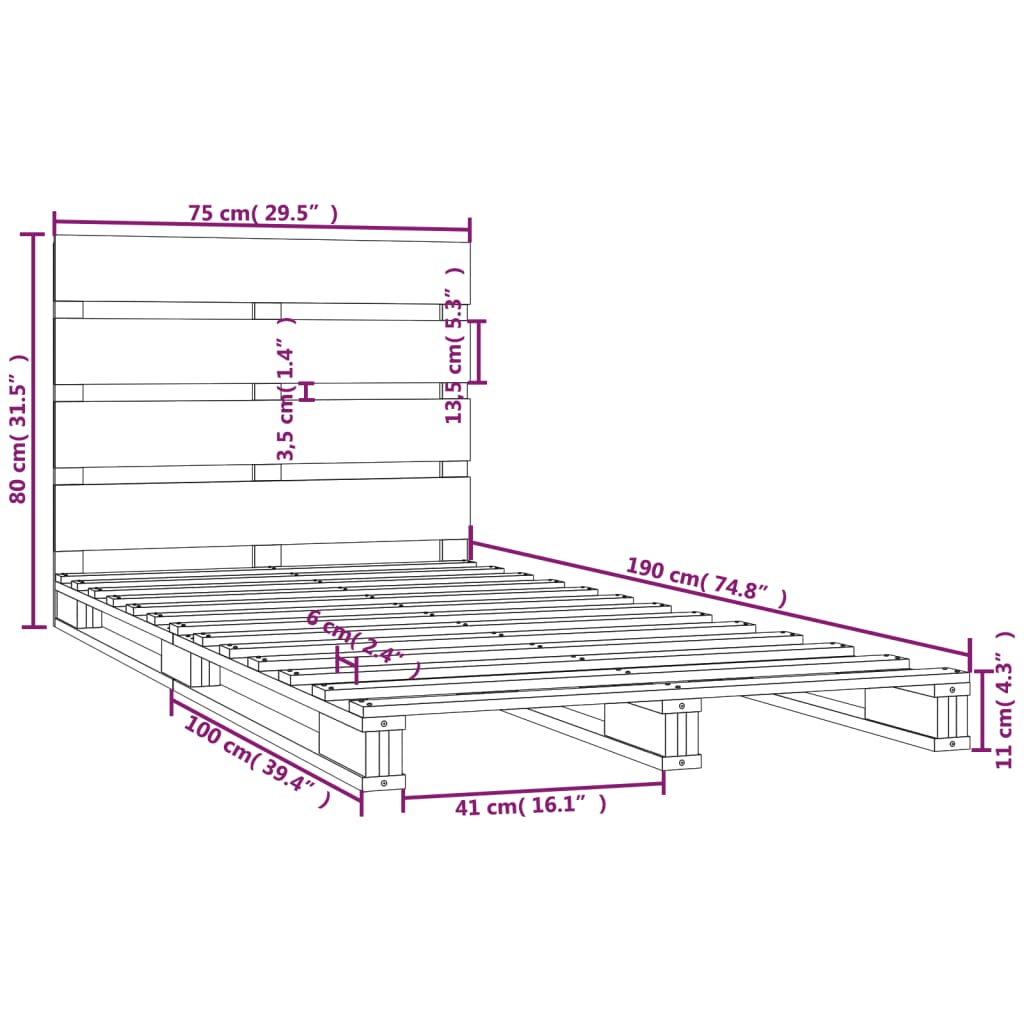 vidaXL Bed Frame Grey 75x190 cm Small Single Solid Wood Pine