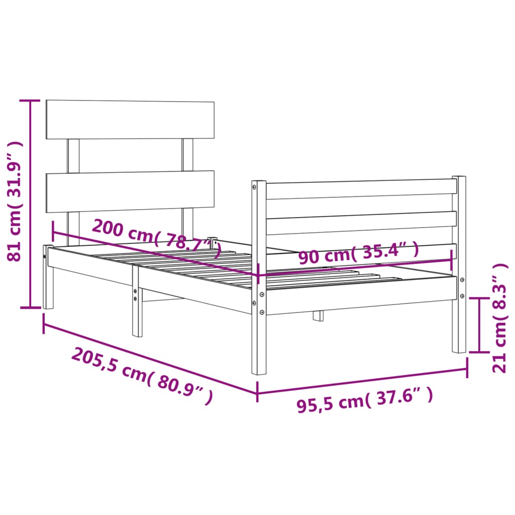 vidaXL Bed Frame with Headboard Grey 90x200 cm Solid Wood