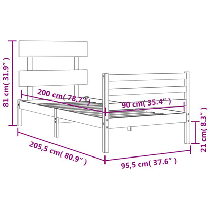 vidaXL Bed Frame with Headboard Grey 90x200 cm Solid Wood