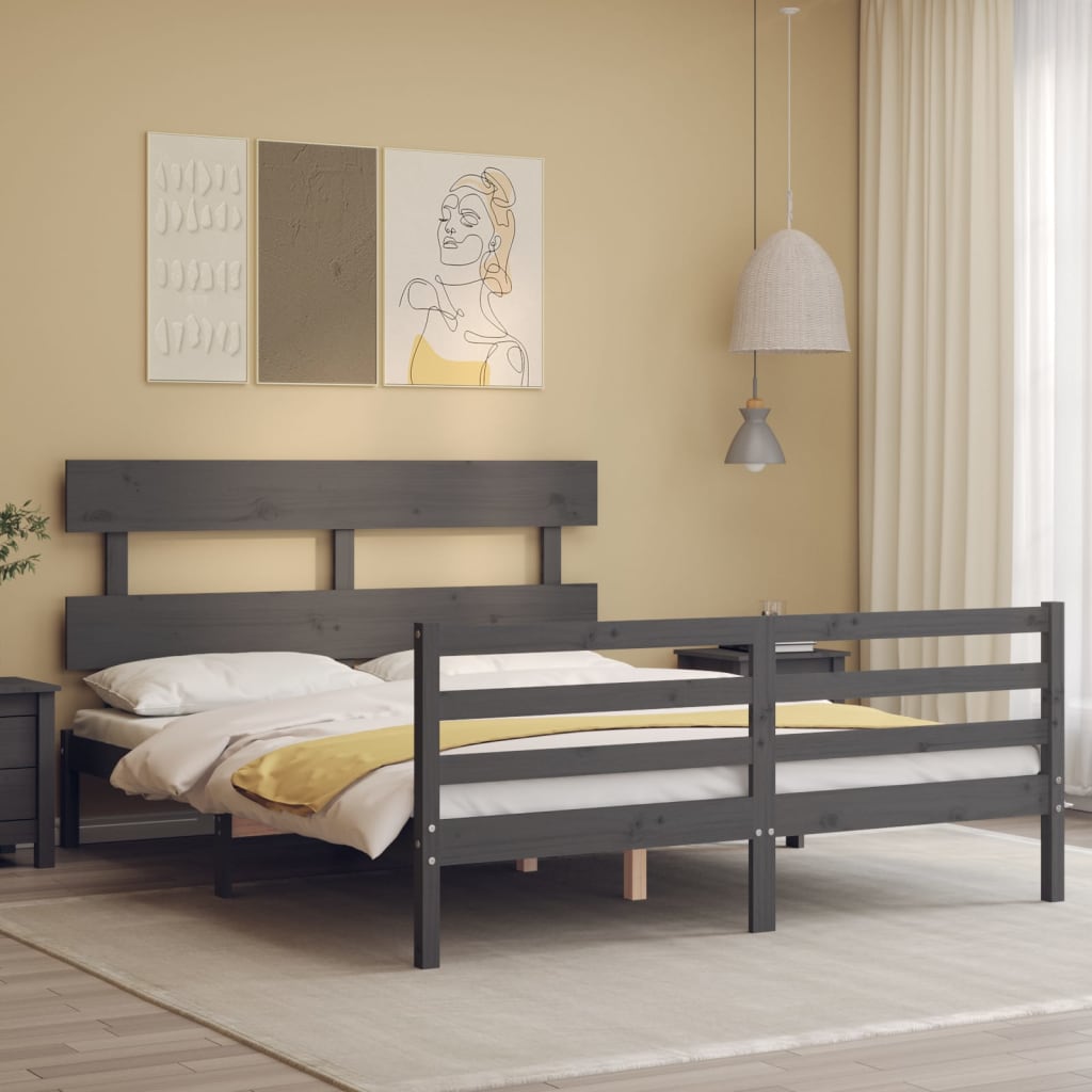 vidaXL Bed Frame with Headboard Grey 160x200 cm Solid Wood