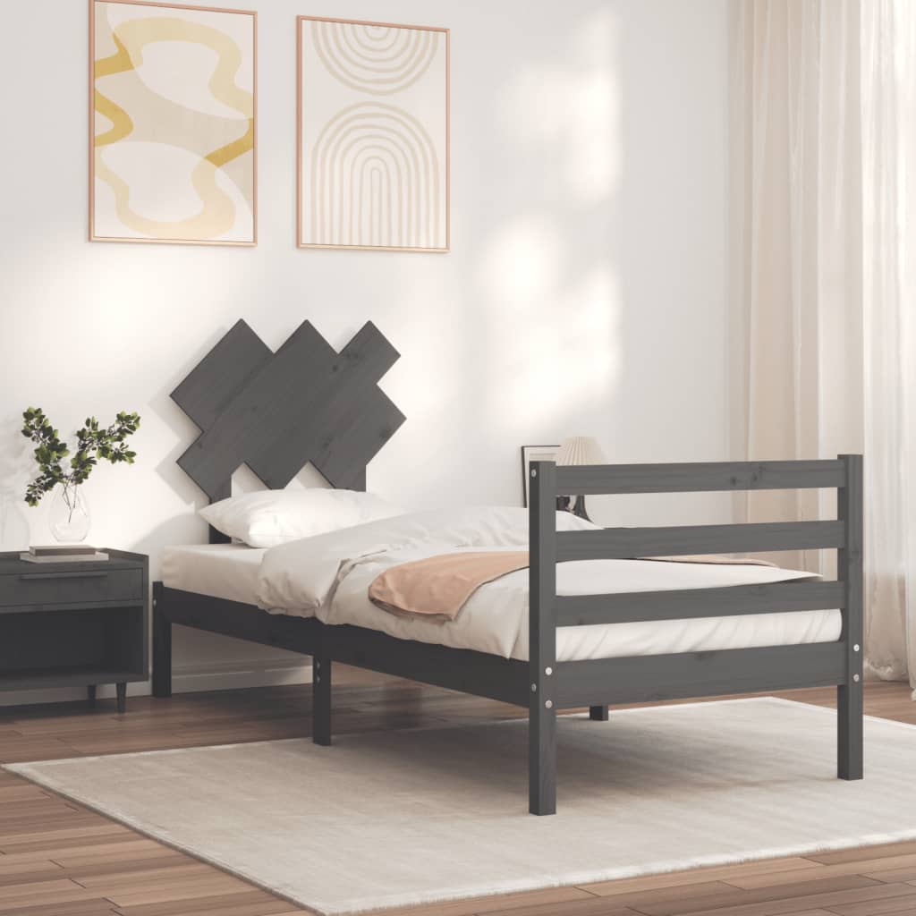 vidaXL Bed Frame with Headboard Grey Single Solid Wood