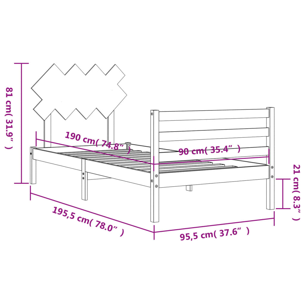 vidaXL Bed Frame with Headboard Grey Single Solid Wood