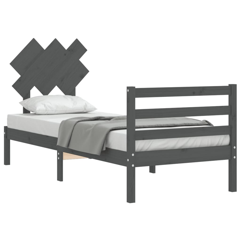 vidaXL Bed Frame with Headboard Grey Single Solid Wood