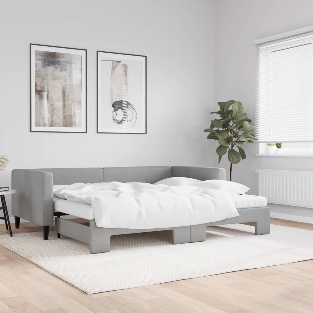 vidaXL Daybed with Trundle and Mattresses Light Grey 90x190 cm Fabric 1