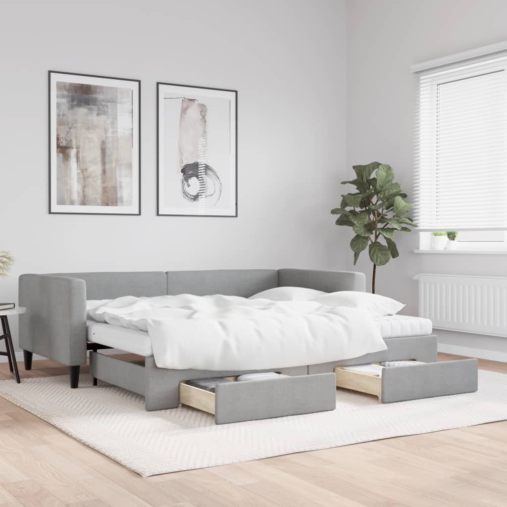 vidaXL Daybed with Trundle and Drawers Light Grey 90x190 cm Fabric 1