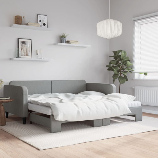 vidaXL Daybed with Trundle and Mattresses Light Grey 90x190 cm Fabric 1