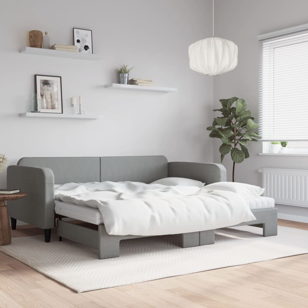 Daybed 90x190 cm Fabric Light grey With trundle & mattress
