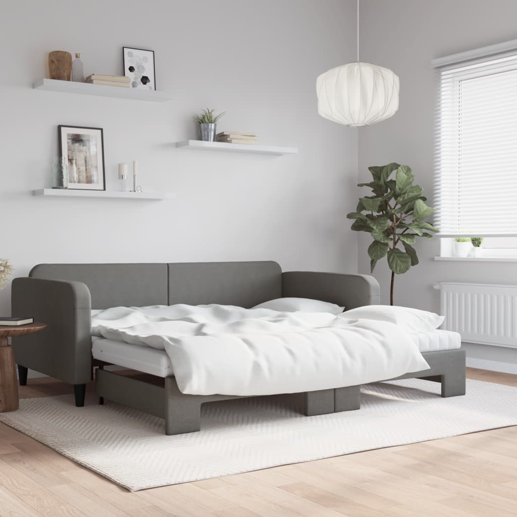 vidaXL Daybed with Trundle and Mattresses Dark Grey 90x190 cm Fabric 1