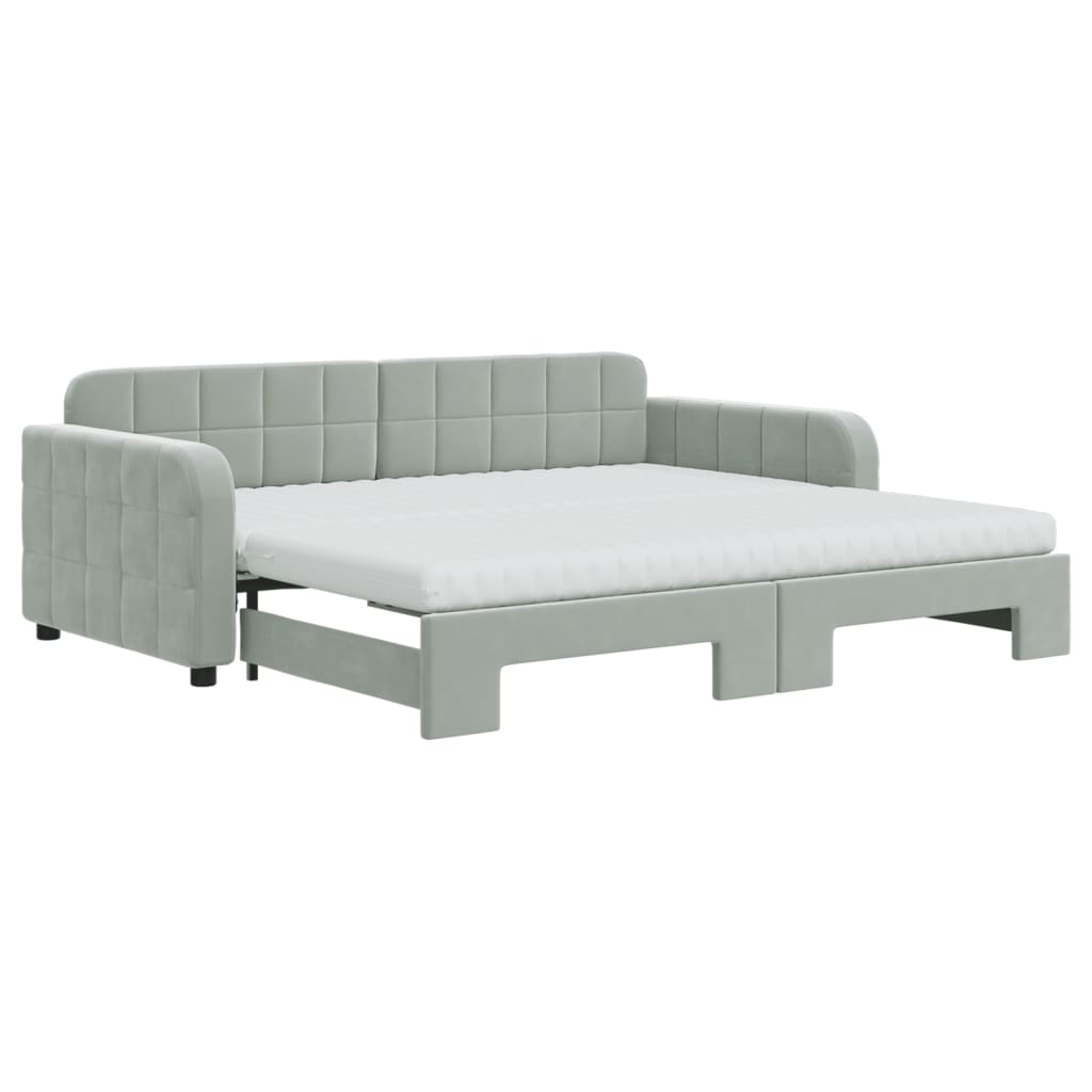 vidaXL Daybed with Trundle and Mattresses Light Grey 90x190 cm Velvet 2