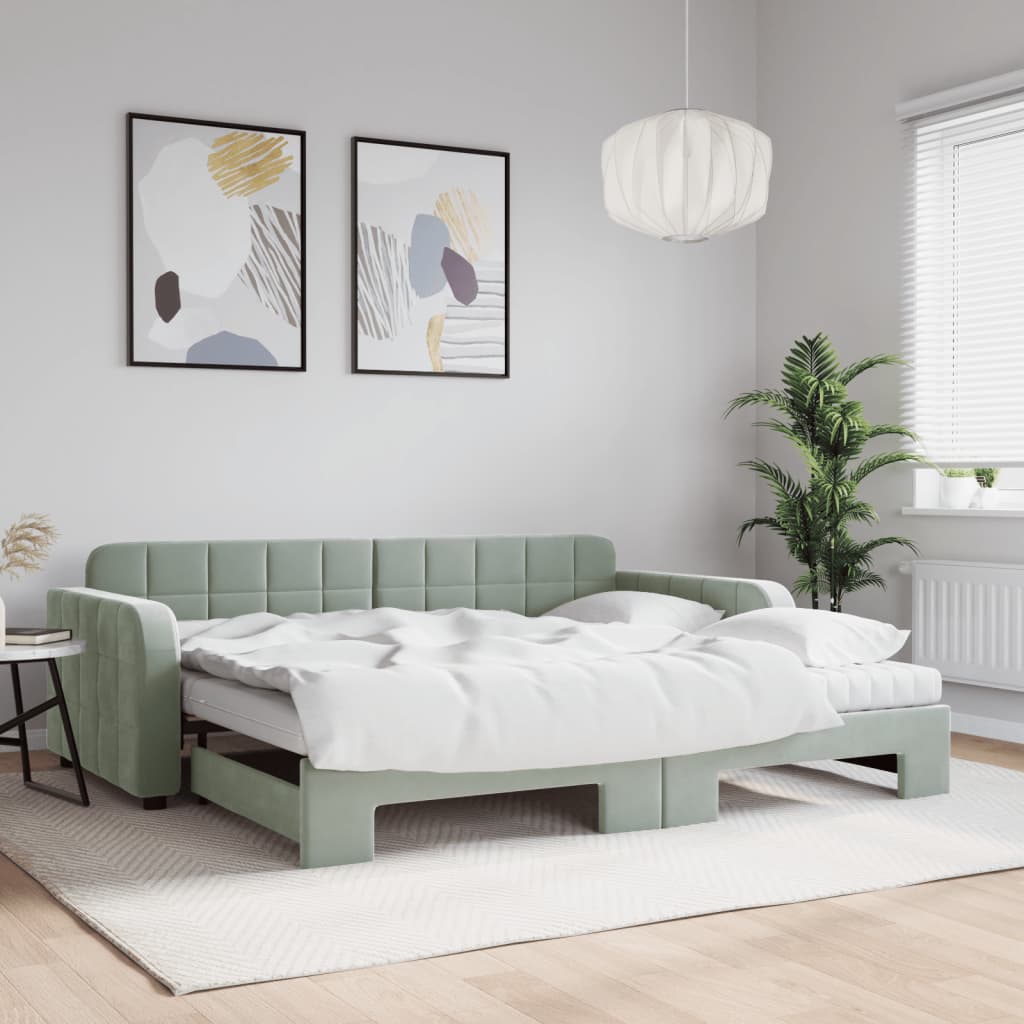 vidaXL Daybed with Trundle and Mattresses Light Grey 90x190 cm Velvet 1